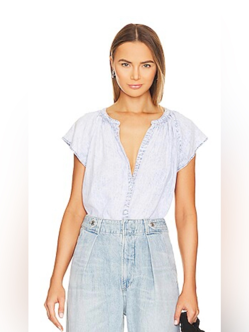 Rails Alena Chambray Shirt Acid Wash Light Blue Denim Button-Front Linen-Blend S